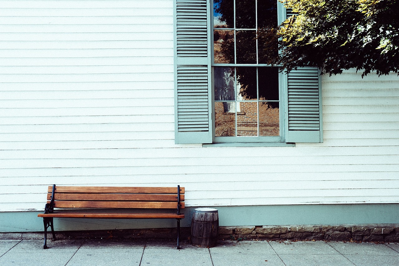 bench, seat, house, front, sitting, relax, window, facade, settee, empty, wooden, shutters, wood, siding, sidewalk, window, shutters, siding, siding, siding, siding, siding, sidewalk, sidewalk